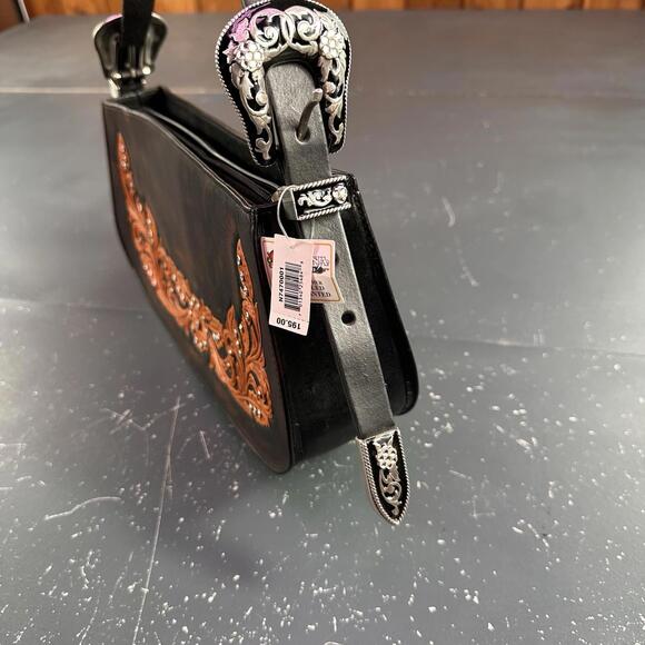 VTG Nocona Leather Purse Brown Black Orange Hand Tooled Floral 13x3x7 NWT - Picture 2 of 9